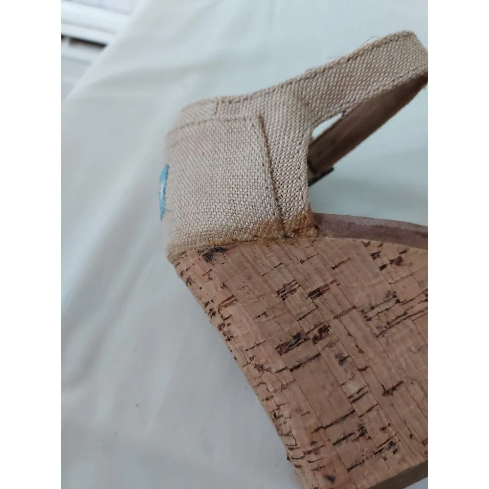 Toms Women's Size 7.5 Sierra Natural Canvas Cork Strappy‎ Wedges Sandals